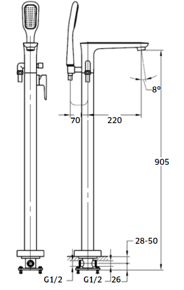 Torneiro Monocomando de Banheira ao Chão Quadrada