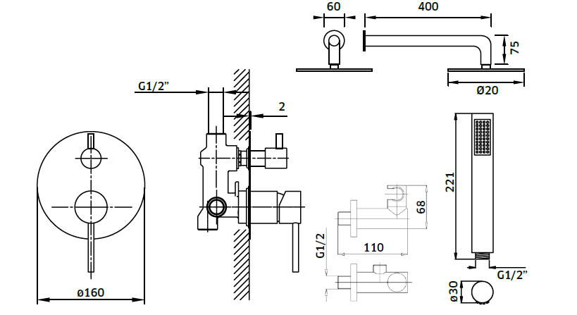 Kit de Duche 2 Vias - Linha Domus
